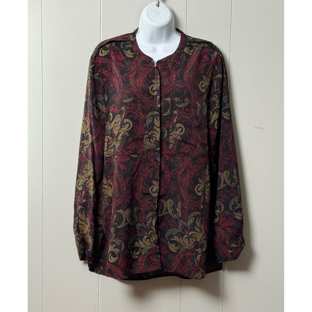 Larry Levine Womens Paisley Button Down Blouse Burgundy Gold Epaulette Top Sz XL